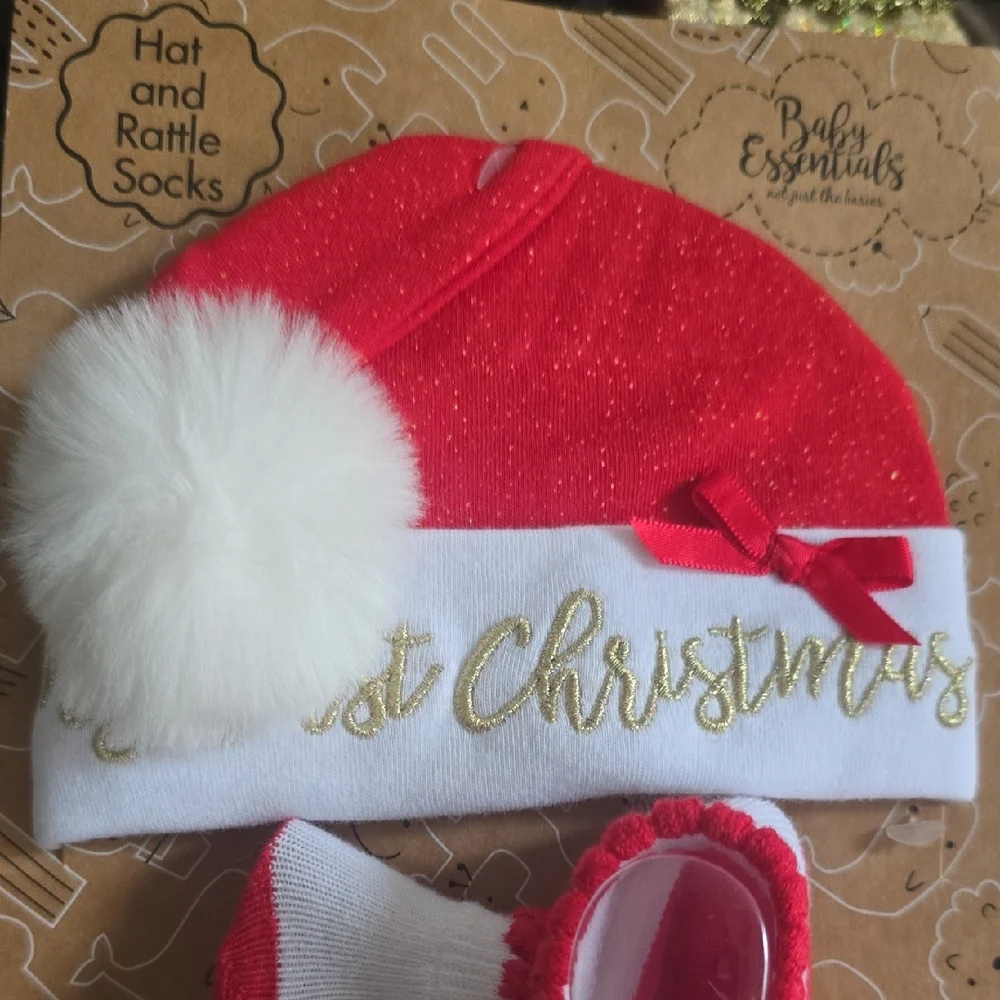 Baby Essentials Festive Red and White Hat and Sock Set
